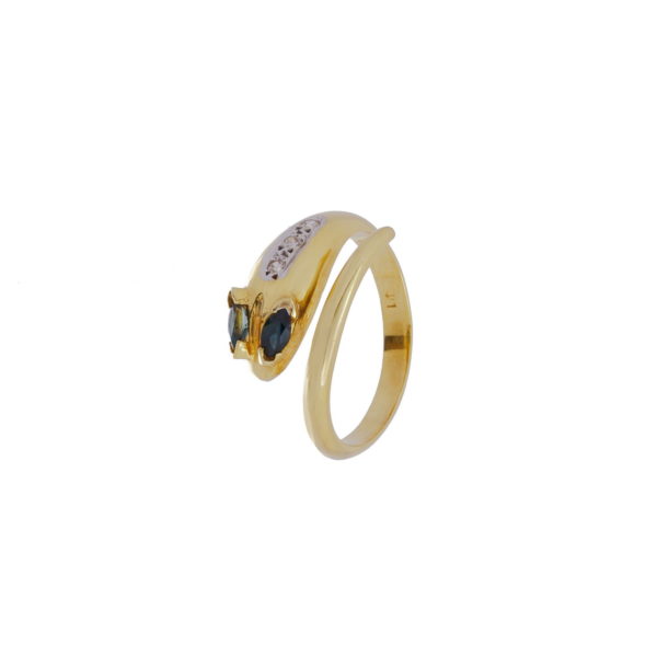 Χειροποίητο χρυσό Κ18 δαχτυλίδι φίδι με ζαφείρια και μπριγιάν