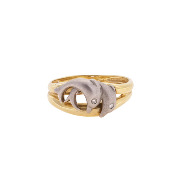 Χρυσό δίχρωμο δαχτυλίδι με δελφίνια